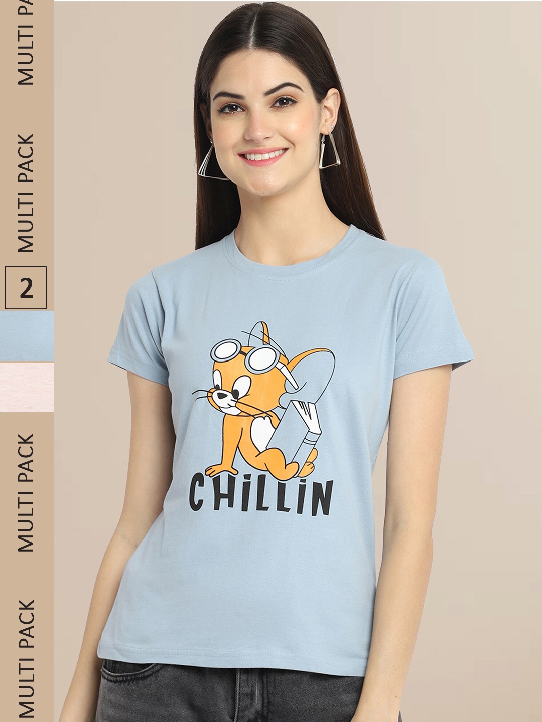 Fabflee Women Blue & Peach Pack Of 2 Printed Round Neck Cotton T-shirts