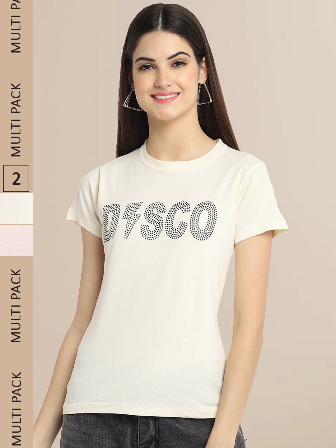 Fabflee Women Beige & Pink Pack of 2 Printed T-shirt