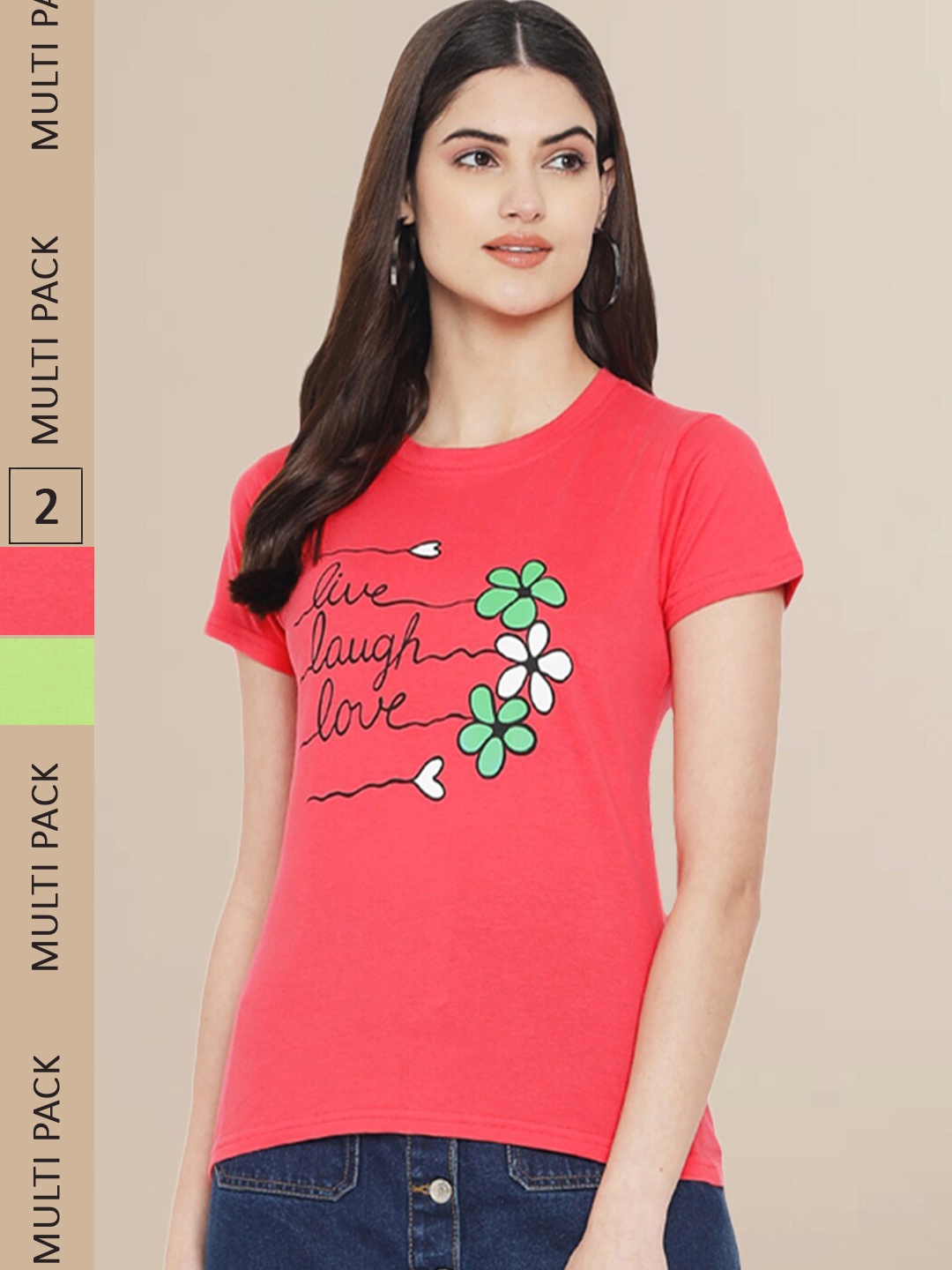 

Fabflee Women Fuchsia & Fluorescent Green Pack of 2 Printed T-shirt