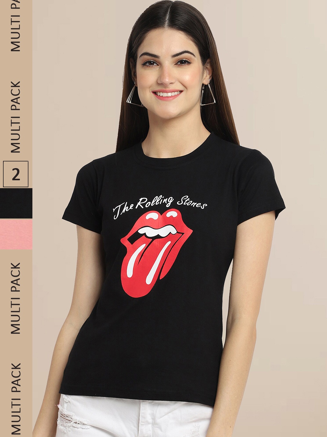 

Fabflee Women Black & Peach-Coloured Pack of 2 Printed T-shirt