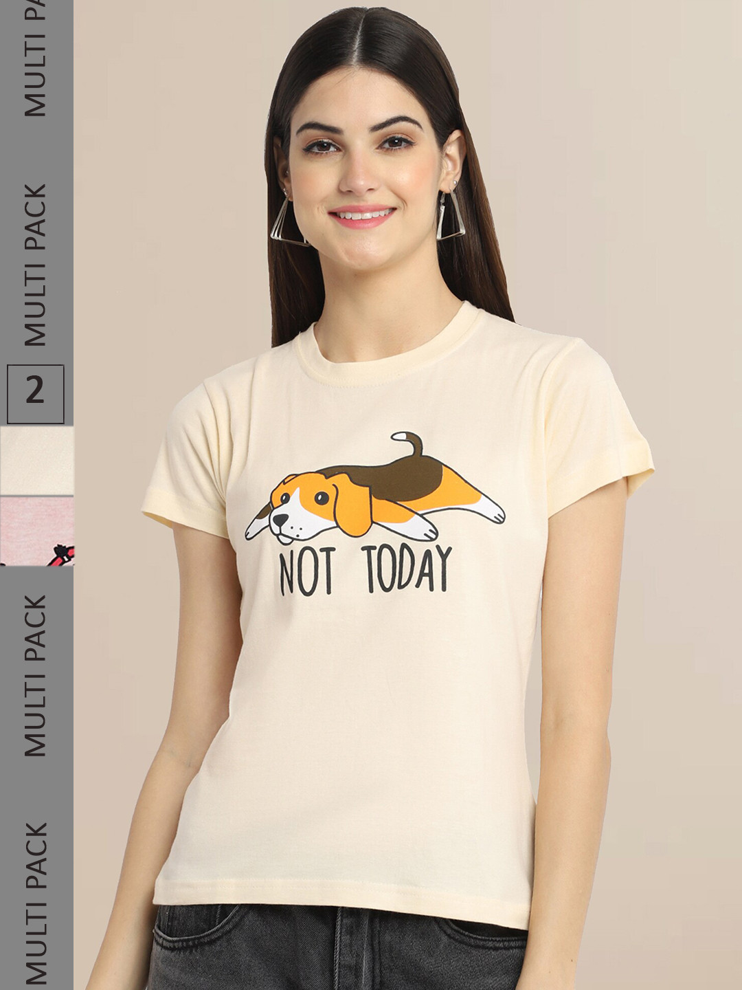 

Fabflee Women Beige & Peach-Coloured Pack of 2 Printed T-shirt