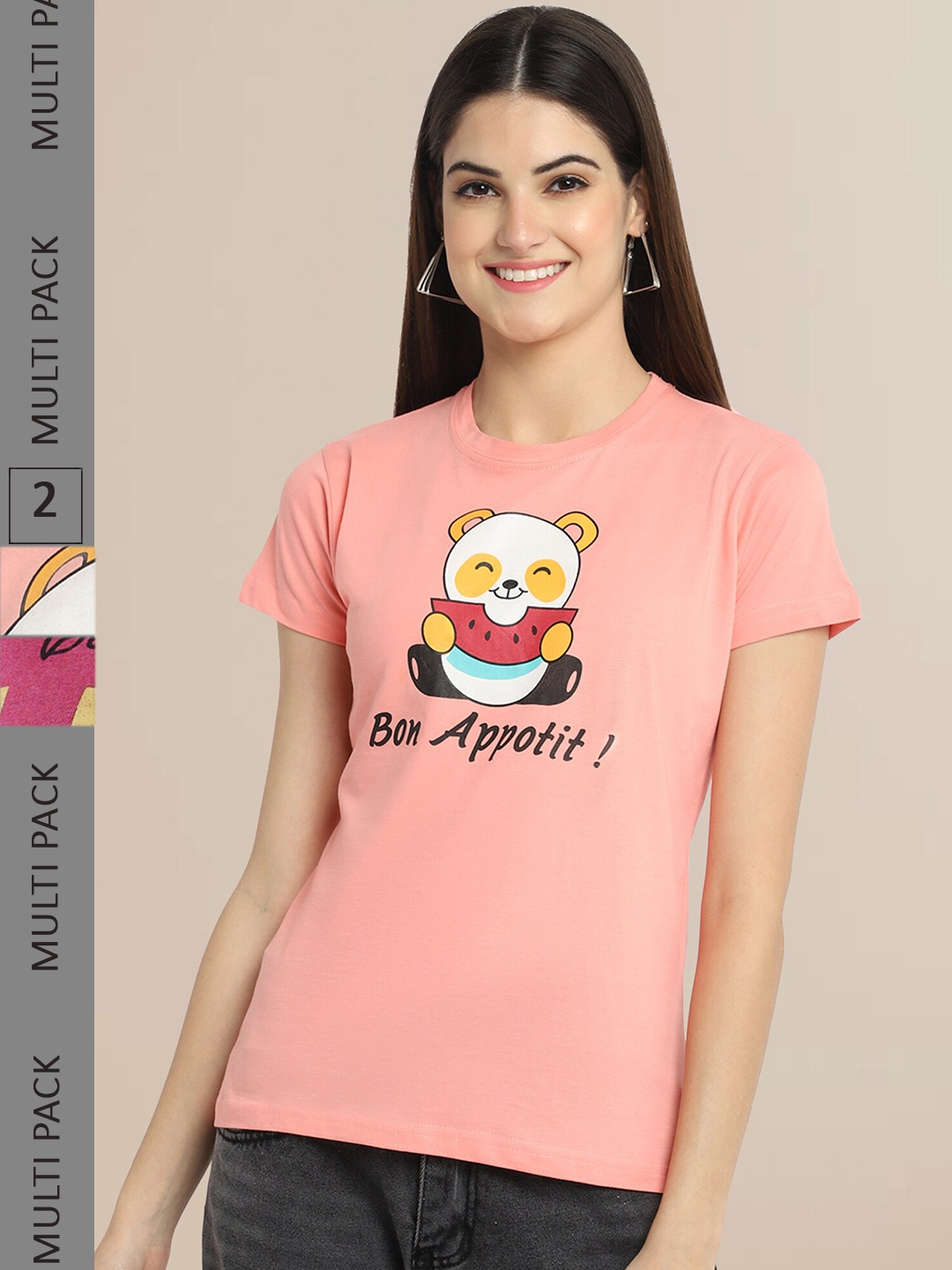 

Fabflee Women Peach-Coloured & Pink Pack of 2 Printed T-shirt