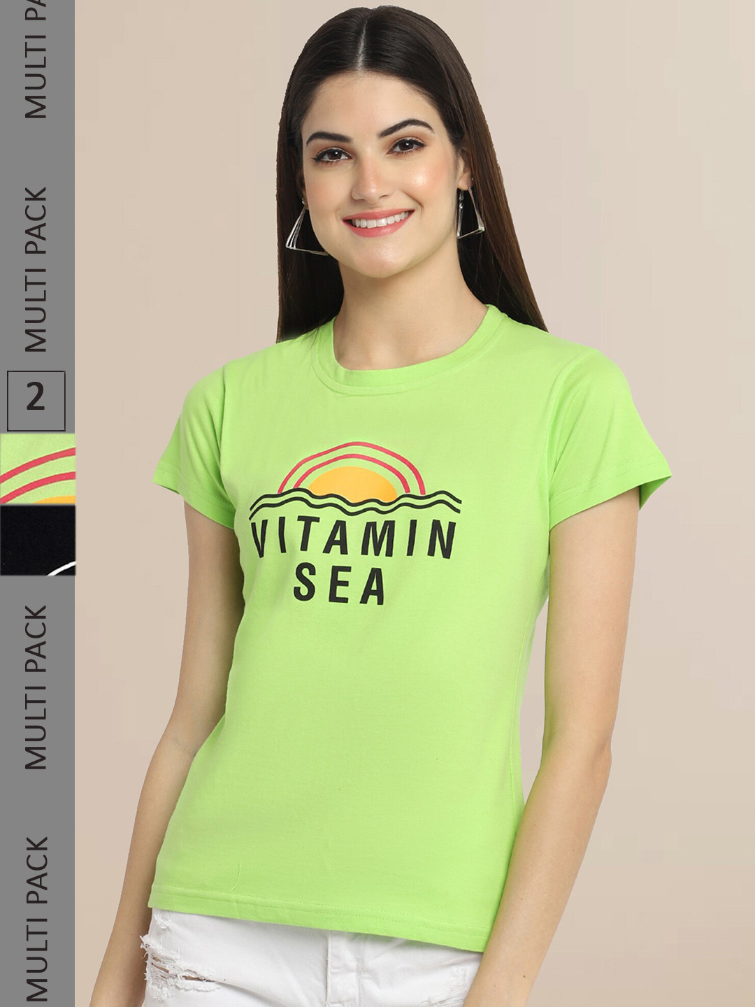 

Fabflee Women Fluorescent Green & Black Pack of 2 Printed T-shirt