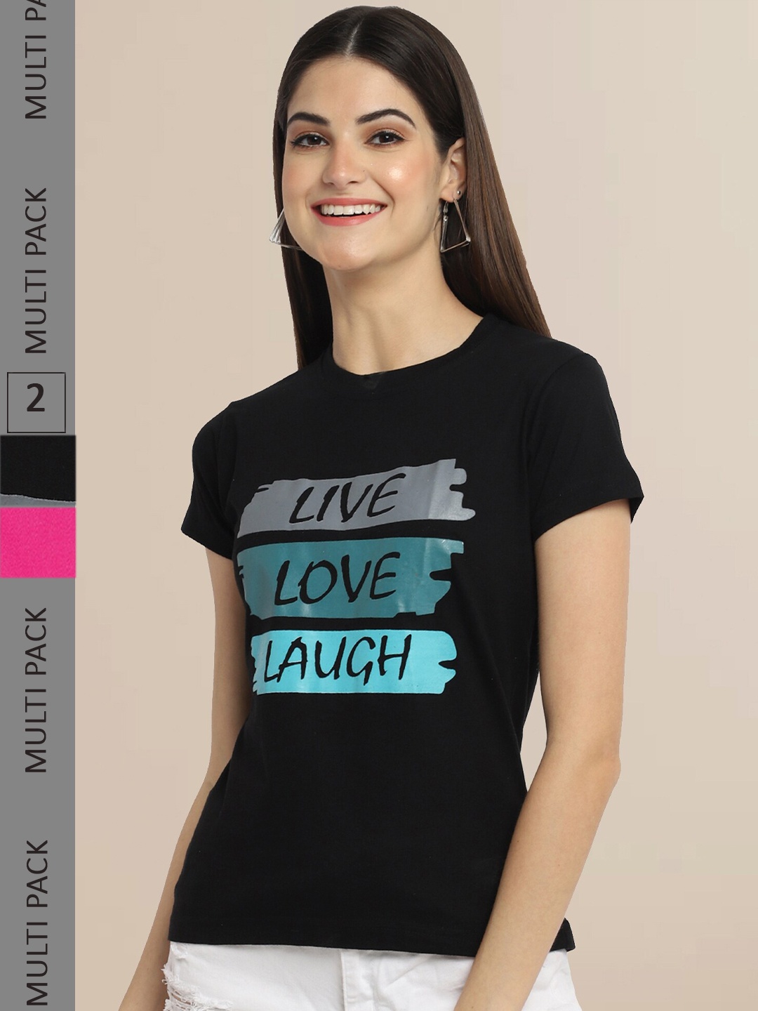 

Fabflee Women Black & Pink Pack of 2 Printed T-shirt