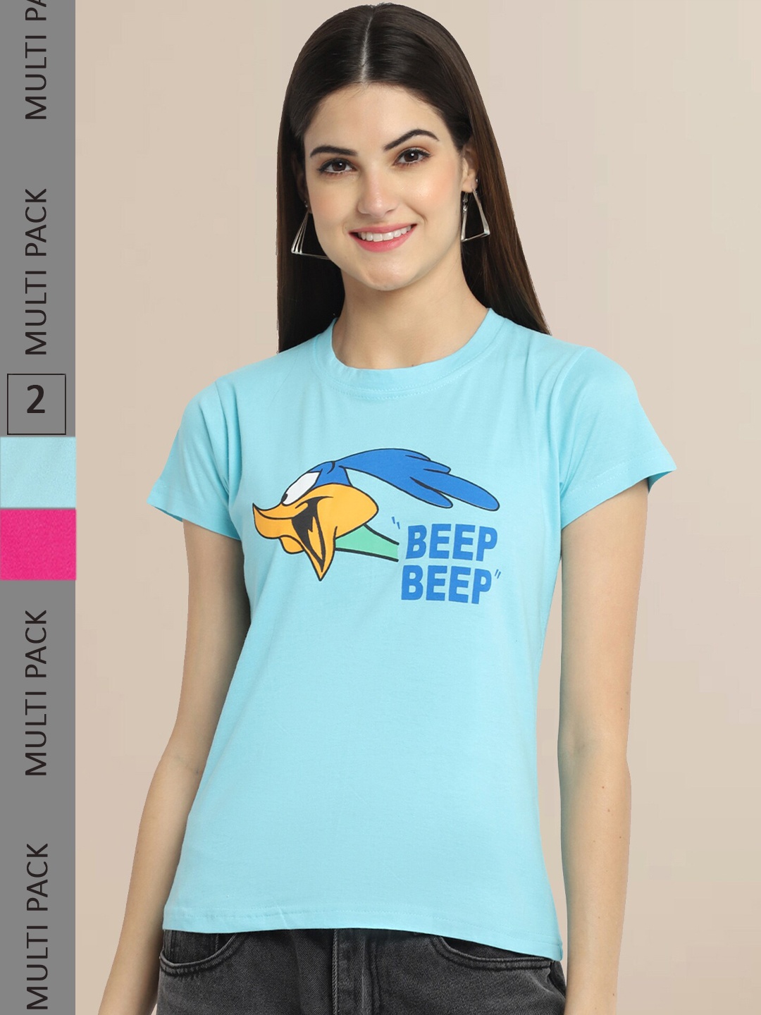 

Fabflee Women Blue & Pink Pack of 2 Printed T-shirt