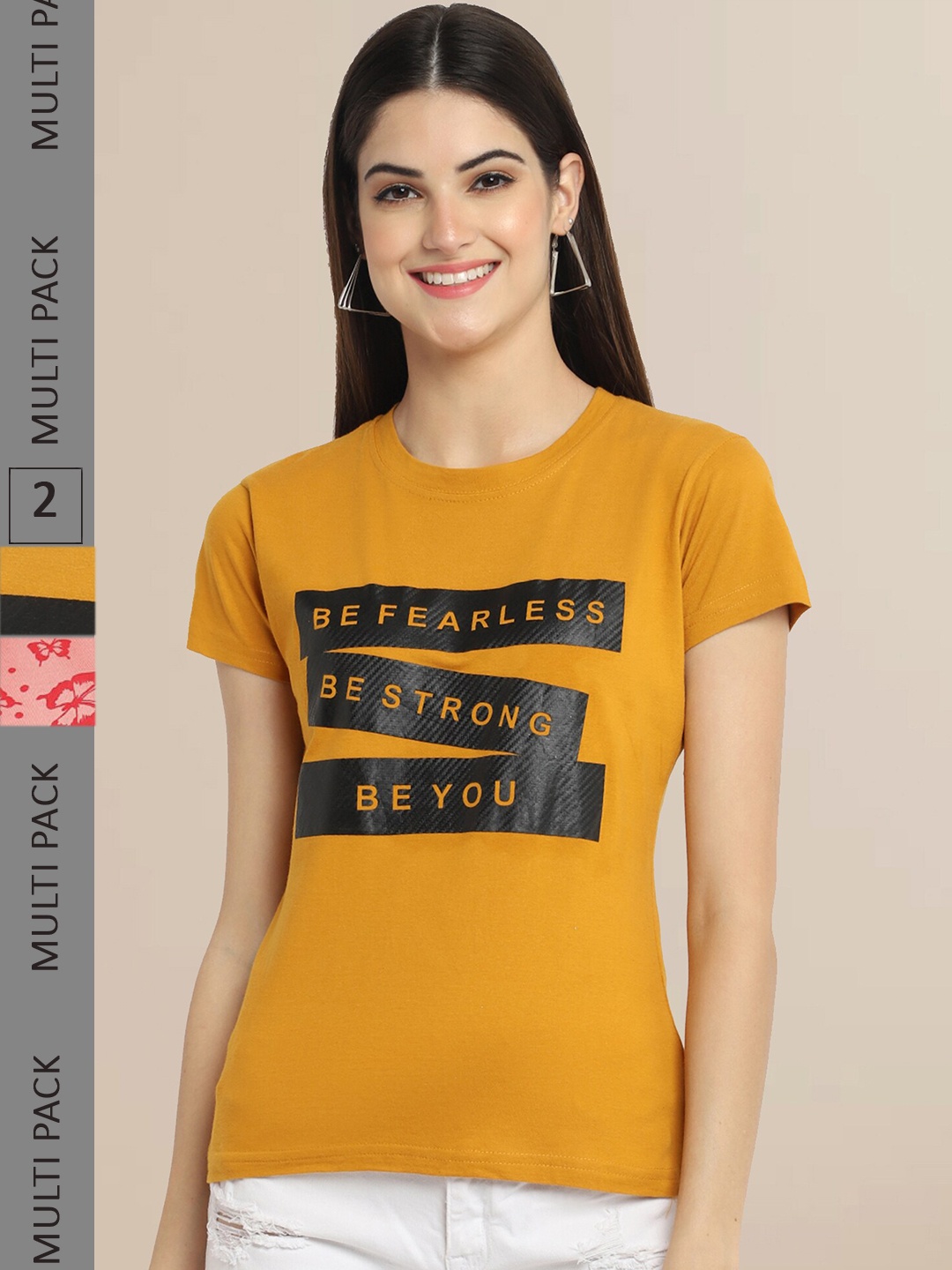 

Fabflee Women Mustard Yellow & Pink Pack of 2 Printed T-shirt