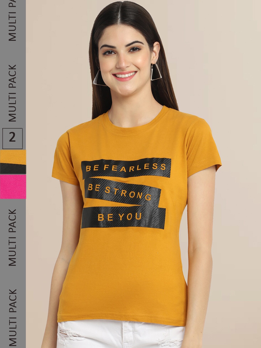 

Fabflee Women Mustard Yellow & Pink Pack of 2 Printed T-shirt