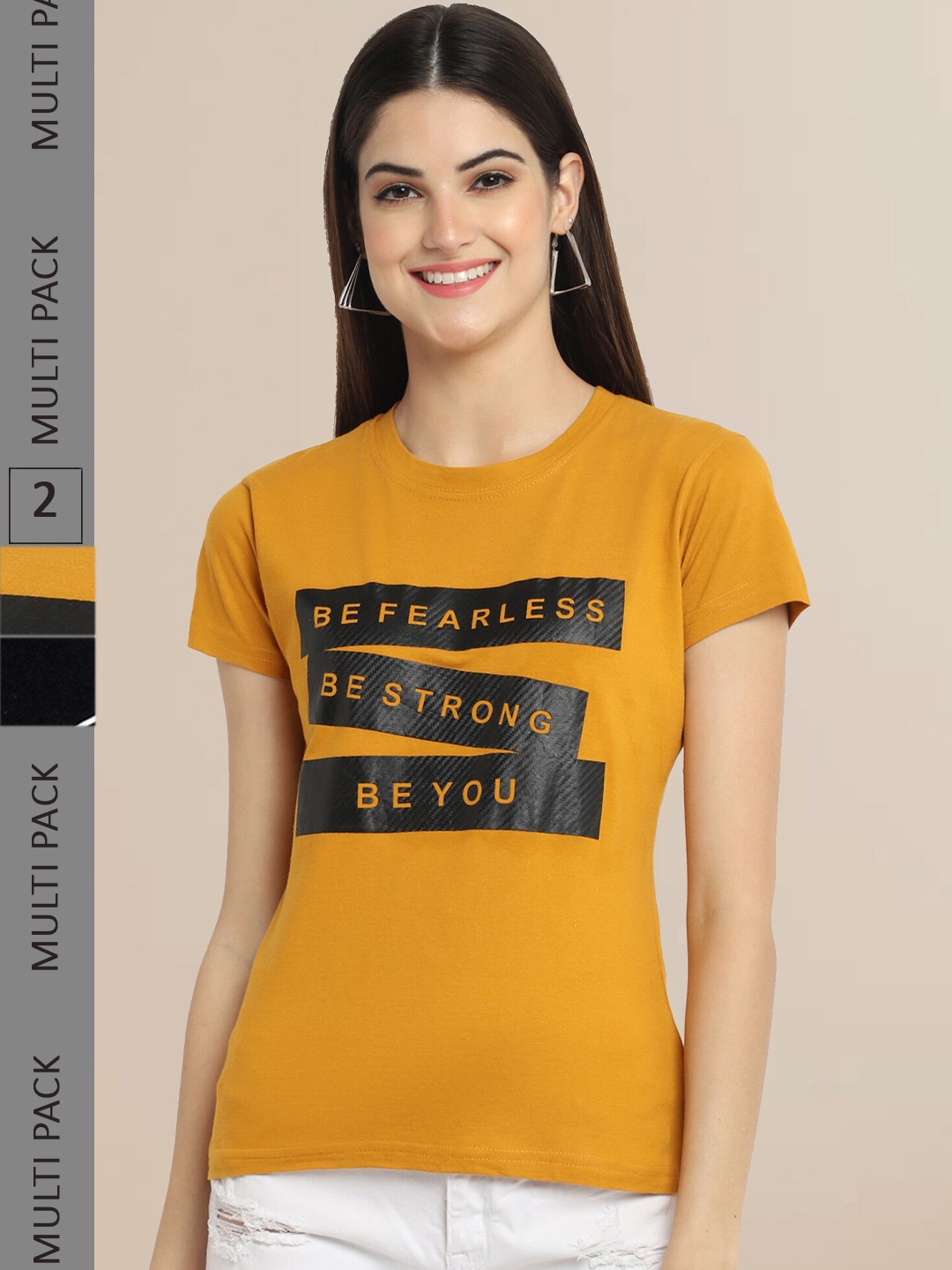 Fabflee Women Mustard Yellow & Black Pack of 2 Printed T-shirt