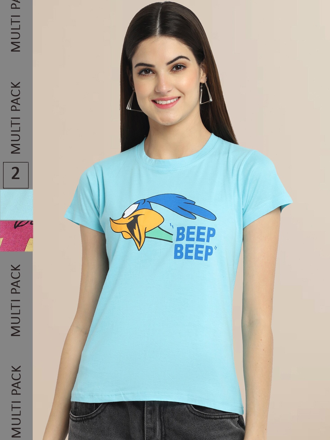 

Fabflee Women Blue & Pink Pack of 2 Printed T-shirt