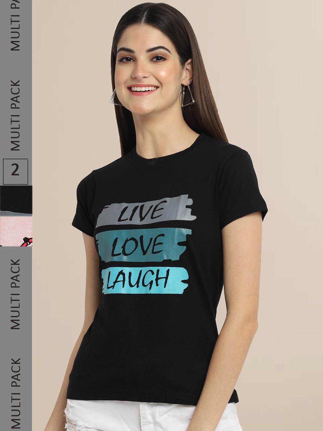 

Fabflee Women Black & Pink Pack of 2 Typography Printed Cotton T-shirt