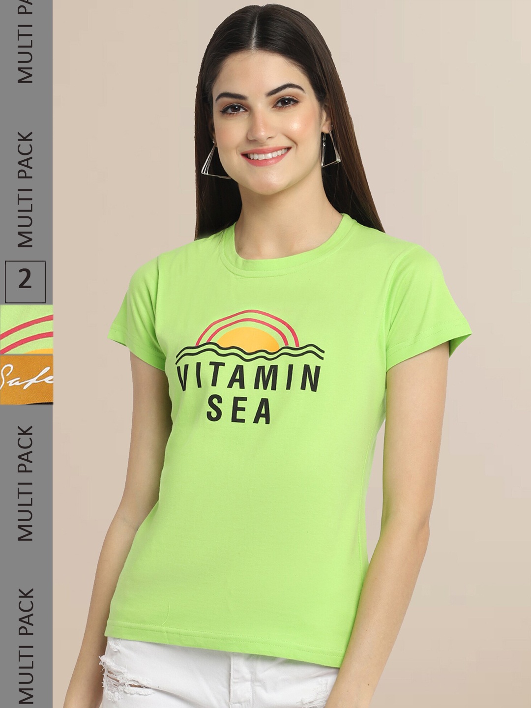 

Fabflee Women Sea Green & Mustard Yellow Pack of 2 Typography Printed Cotton T-shirt