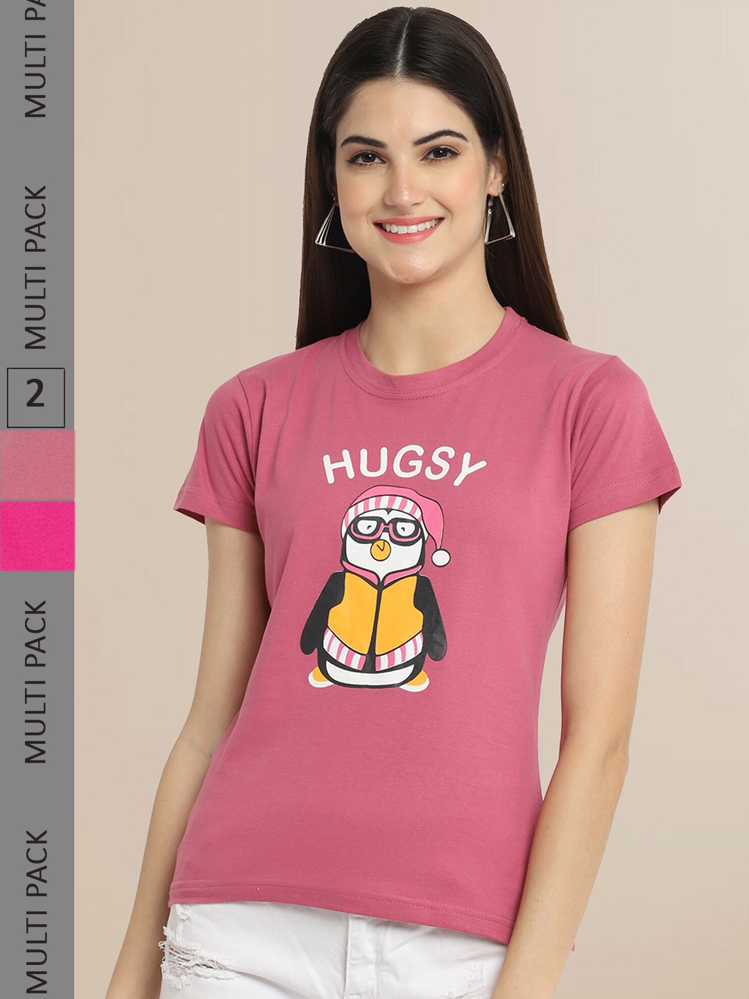 

Fabflee Women Rose & Pink Pack of 2 Typography Printed Cotton T-shirt