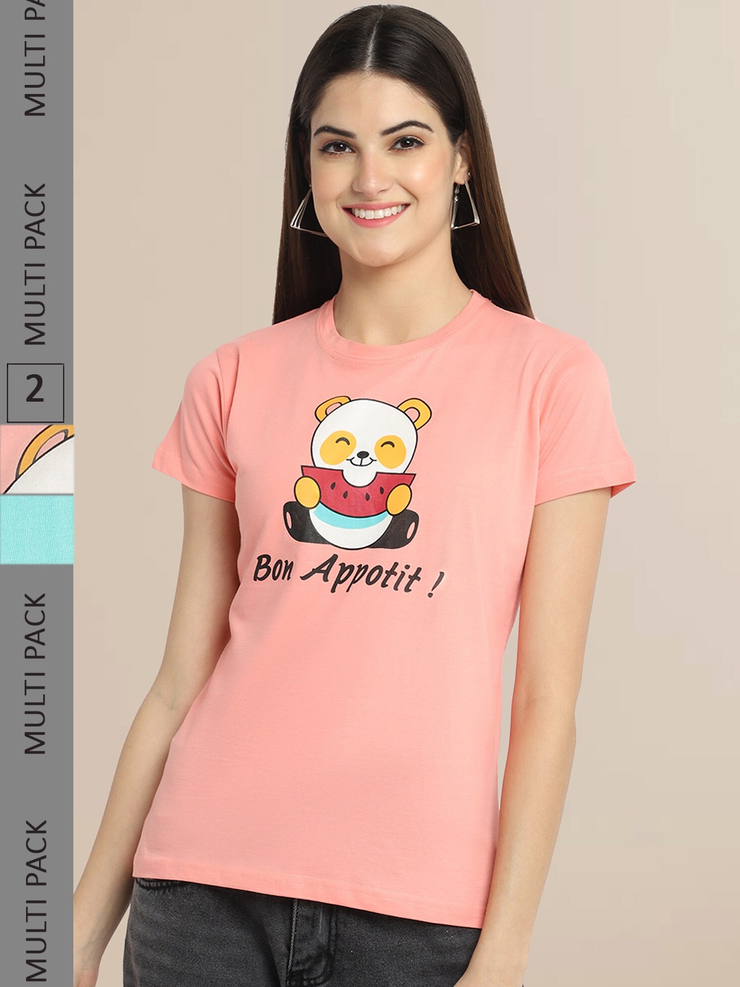 Fabflee Women Peach & Turquoise Blue Pack of 2 Typography Printed Cotton T-shirt