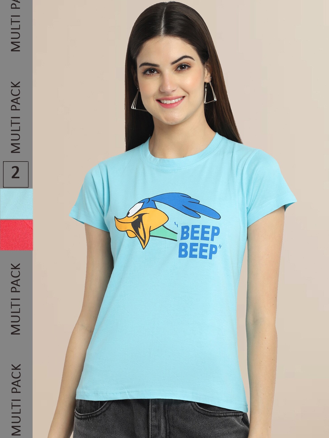 

Fabflee Women Turquoise Blue & Red Pack of 2 Typography Printed Cotton T-shirts