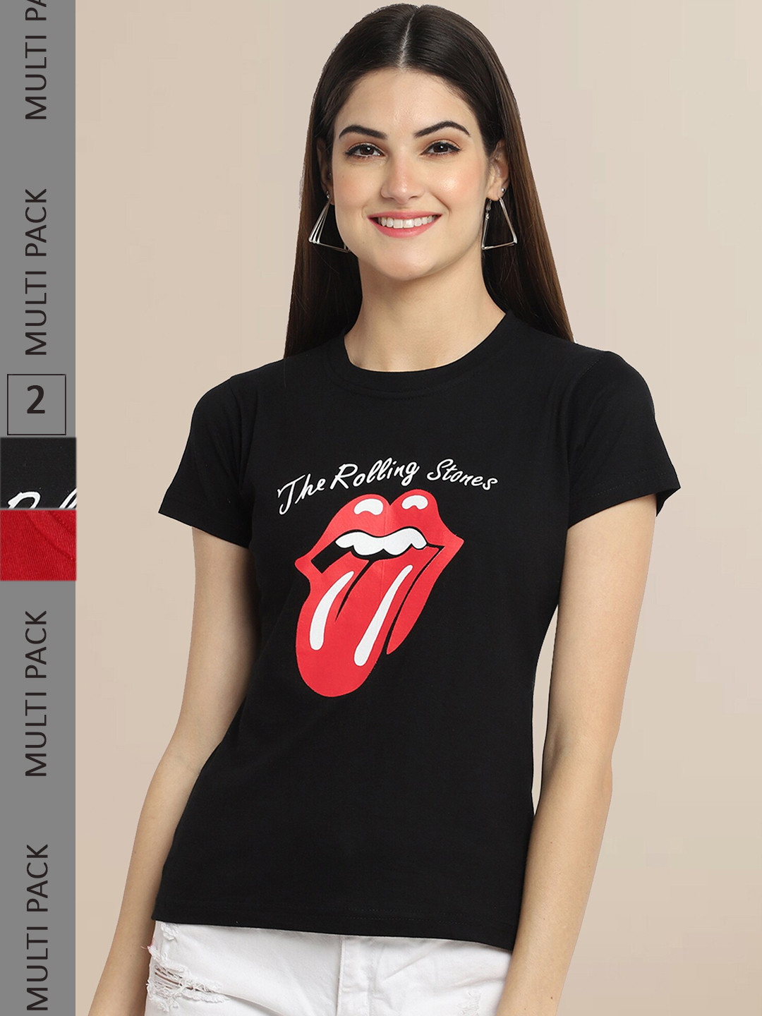 

Fabflee Women Black & Red Pack of 2 Typography Printed Cotton T-shirts