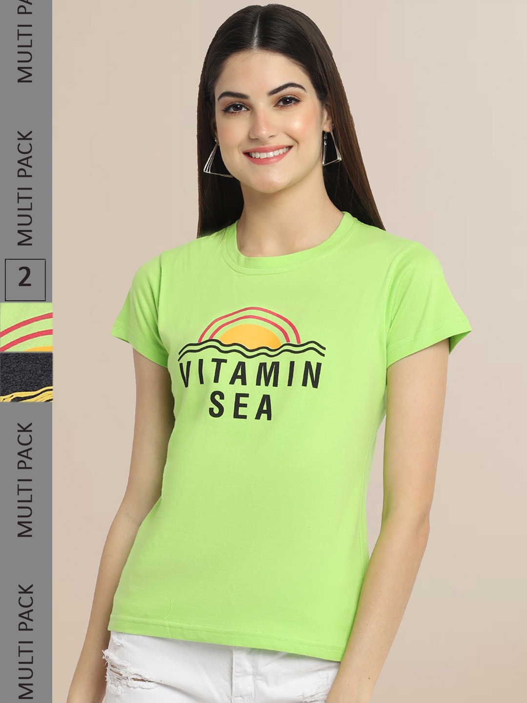 

Fabflee Women Sea Green & Black Pack of 2 Typography Printed Cotton T-shirts