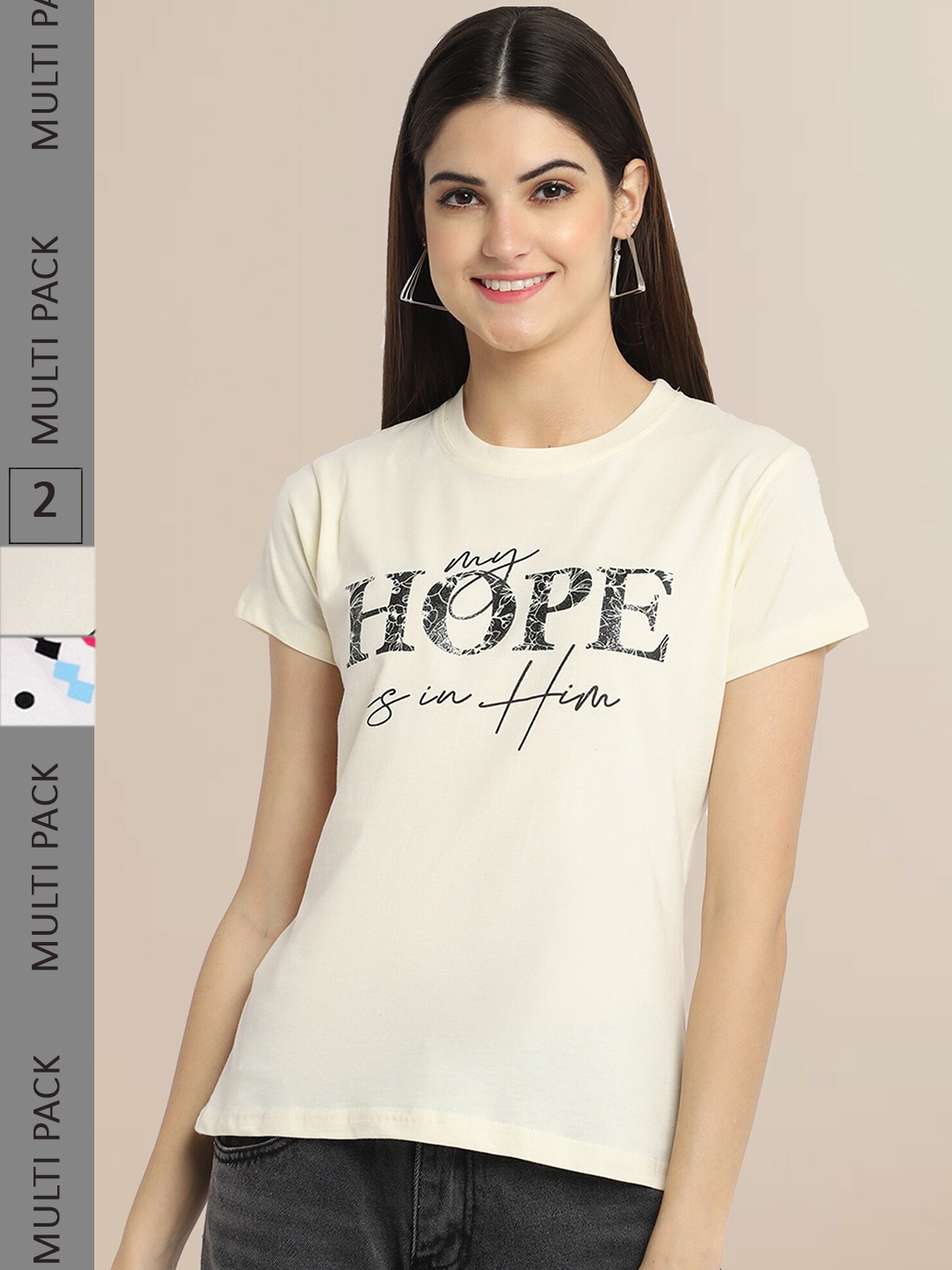 Fabflee Women Cream & White Pack of 2 Typography Printed Cotton T-shirts