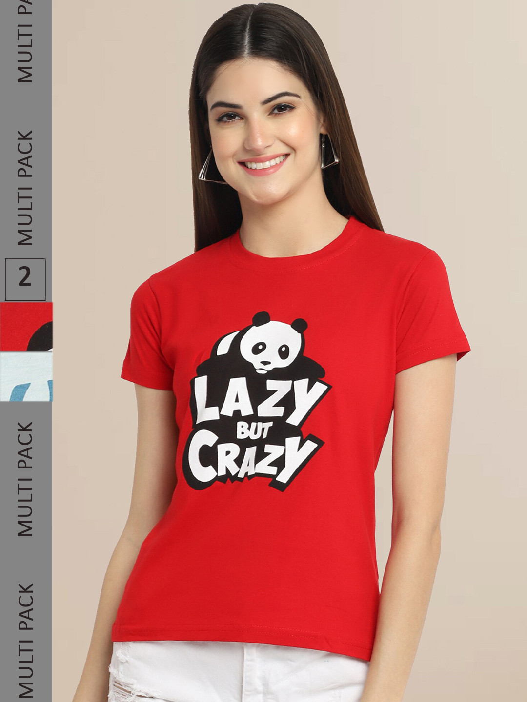 

Fabflee Women Red & Blue Pack of 2 Typography Printed Cotton T-shirts