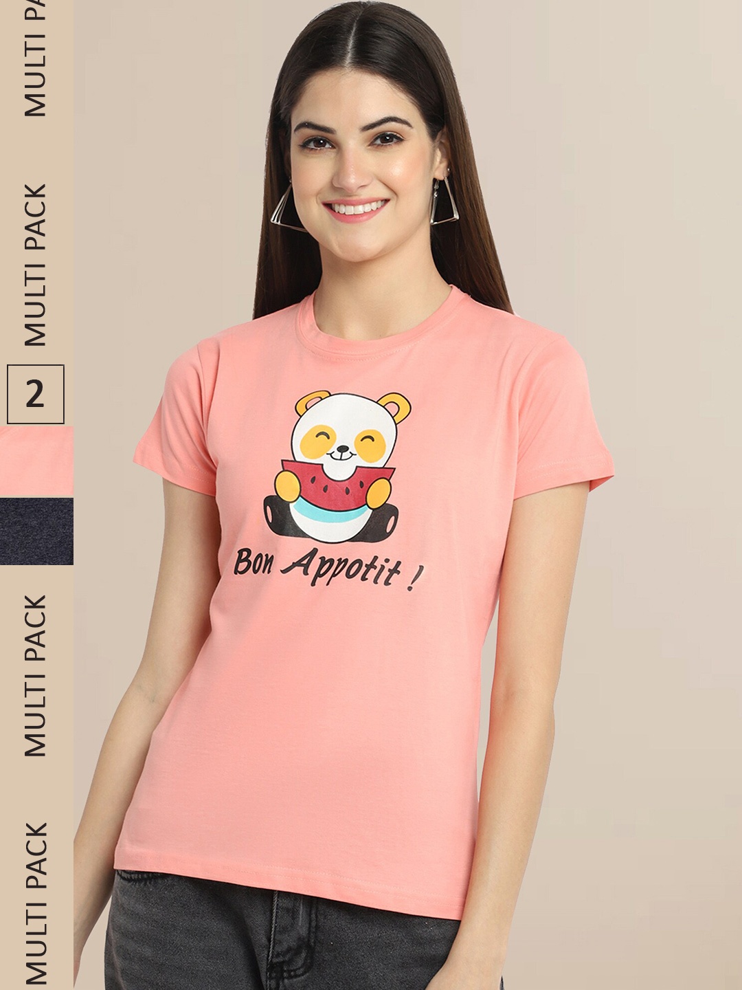 

Fabflee Women Peach-Coloured & Black Pack Of 2 Printed Cotton T-shirt