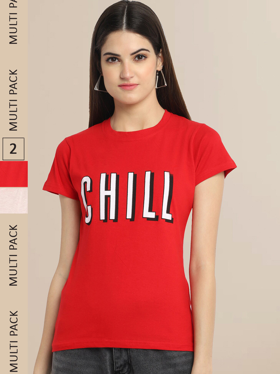 

Fabflee Women Red & Pink Typography Pack of 2 Printed T-shirt