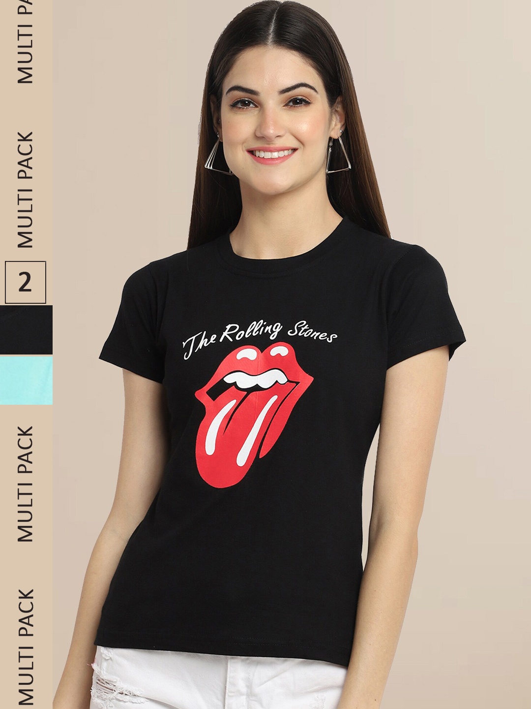 

Fabflee Women Black & Teal Typography Pack of 2 Printed Cotton T-shirt
