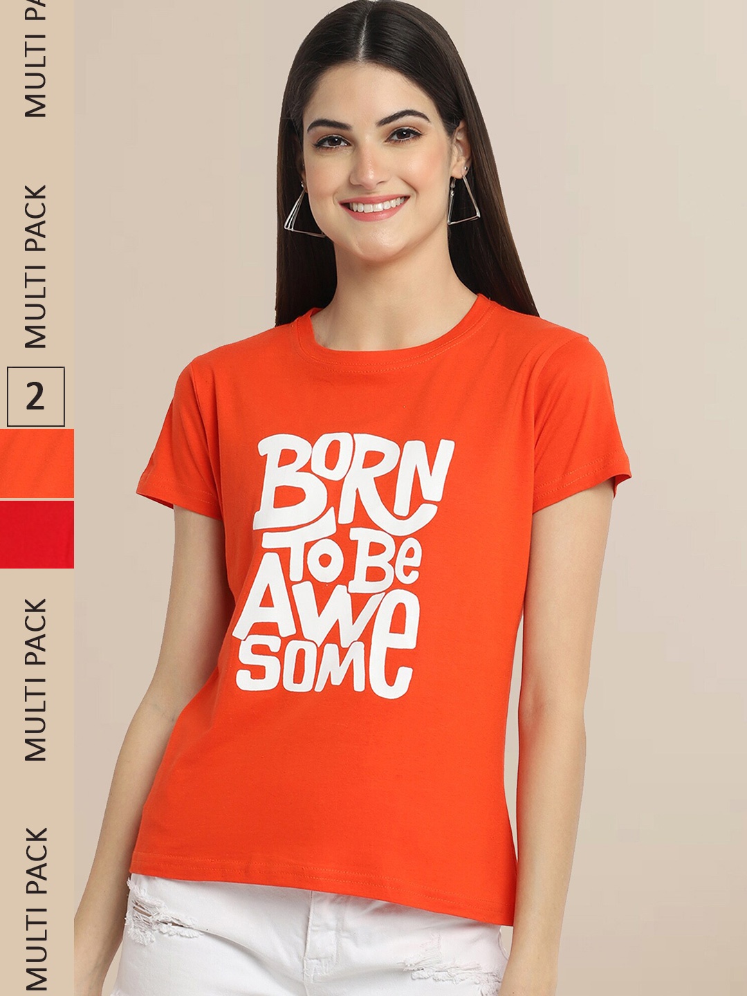 

Fabflee Women Orange & Red Typography Pack of 2 Printed Cotton T-shirt