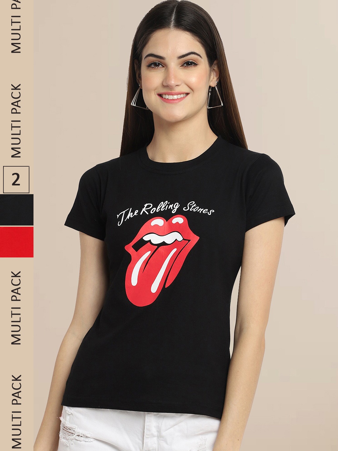 Fabflee Women Black & Red Pack Of 2 Typography 2 Printed Cotton T-shirts