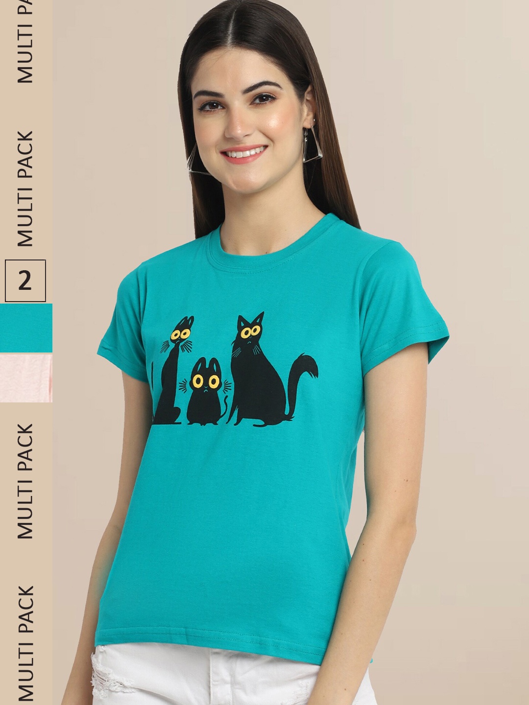 Fabflee Women Blue & Beige Pack Of 2 Printed Cotton T-shirts