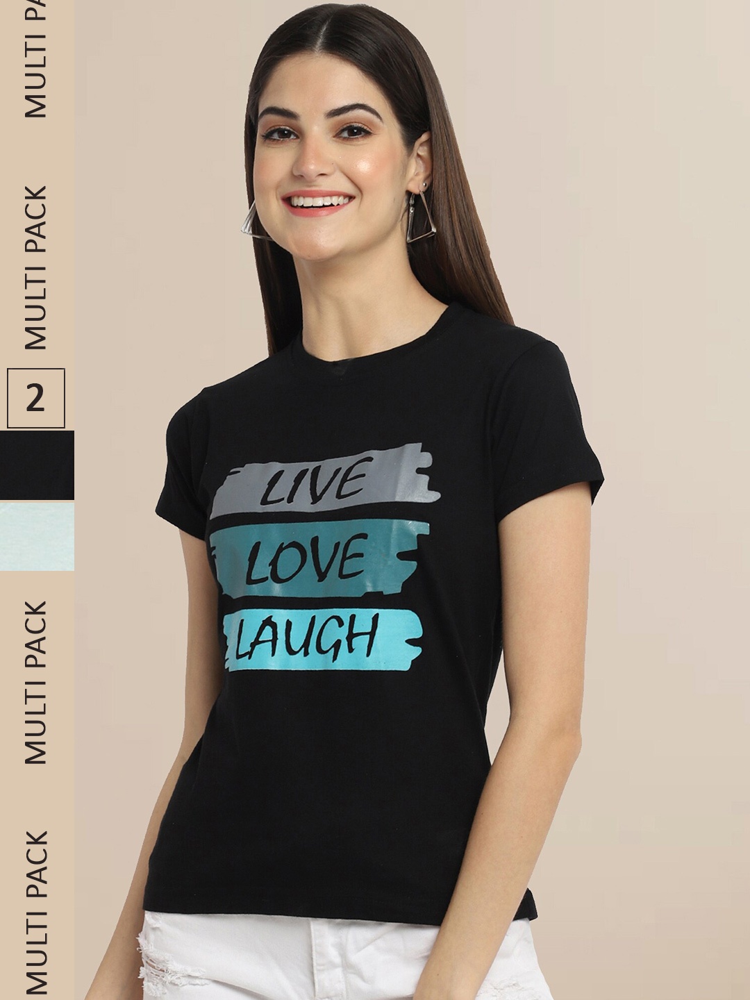 Fabflee Women Pack of 2 Black & Blue Typography Printed Cotton T-shirt