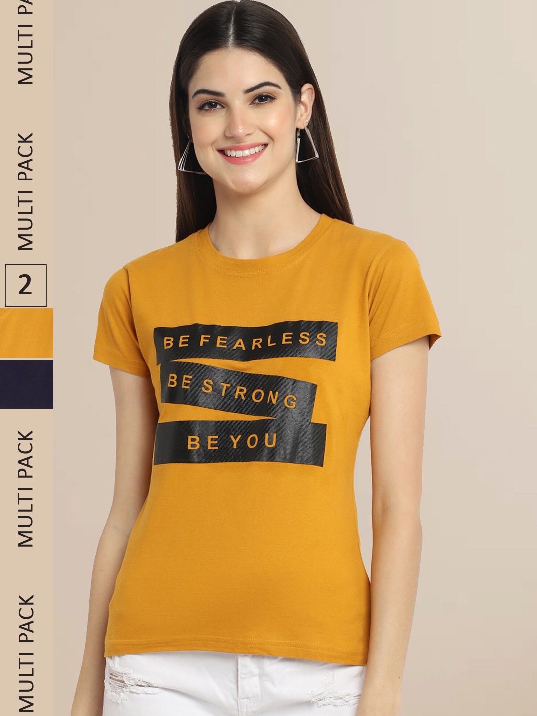 Fabflee Pack Of 2 Women Typography Printed Cotton T-shirt, Mustard