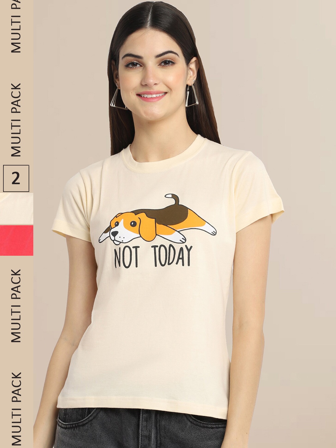 

Fabflee Pack Of 2 Women Typography Printed Cotton T-shirt, Beige