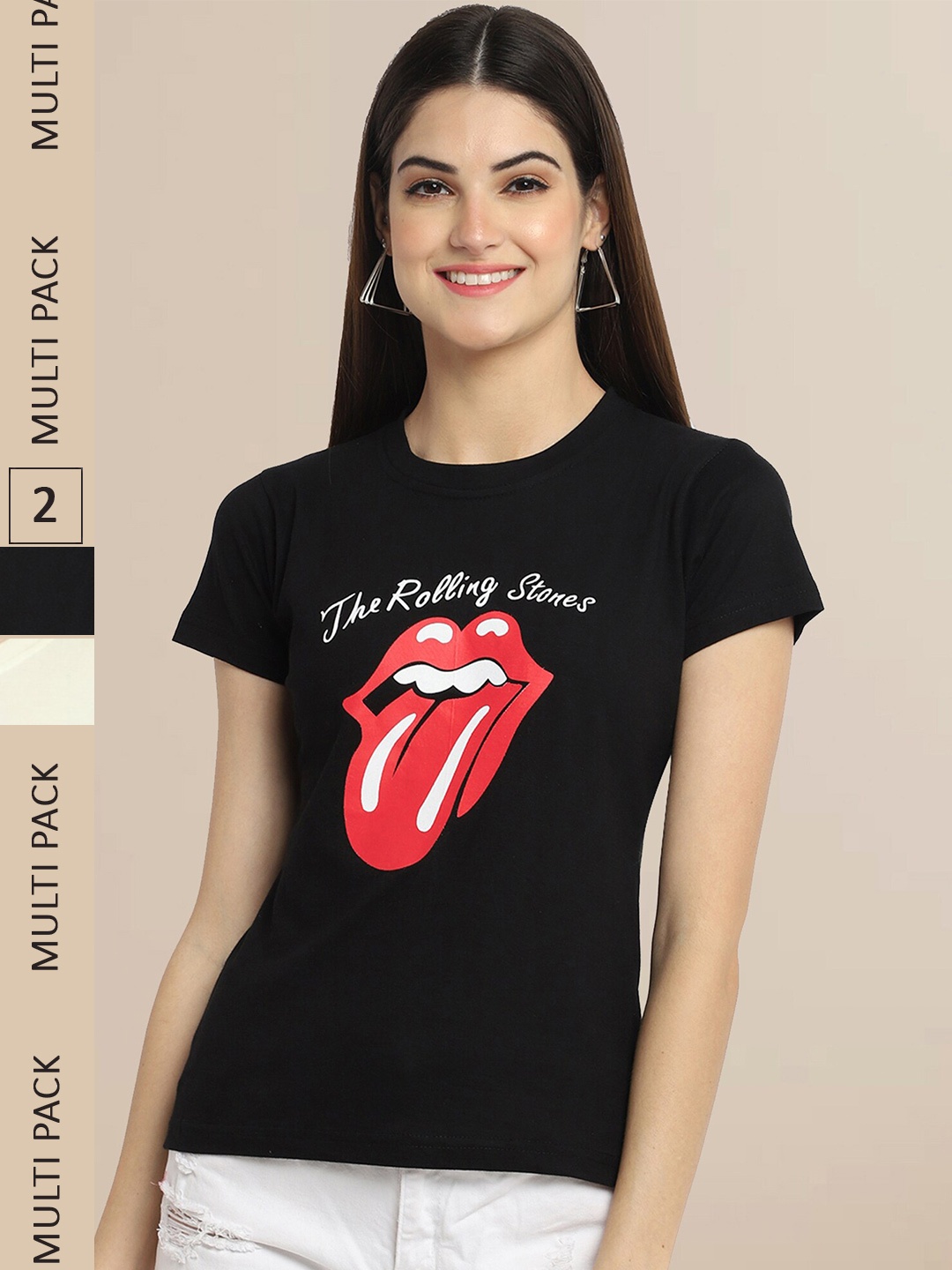 

Fabflee Pack Of 2 Women Typography Printed Cotton T-shirt, Black