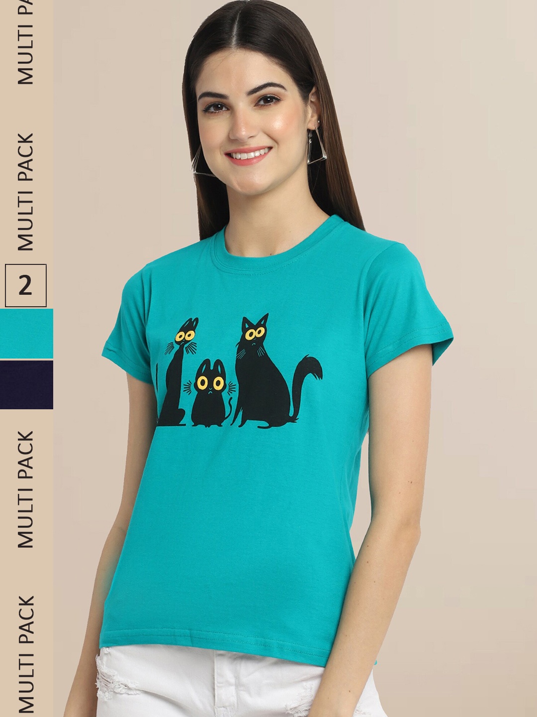 Fabflee Pack Of 2 Women Typography Printed Cotton T-shirt, Turquoise blue