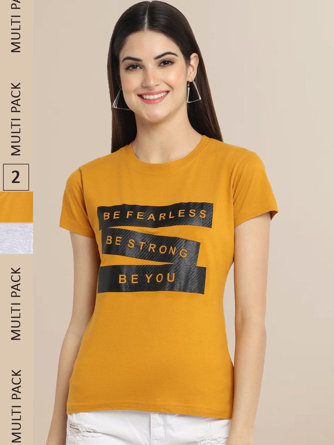 

Fabflee Pack Of 2 Women Typography Printed Cotton T-shirt, Mustard
