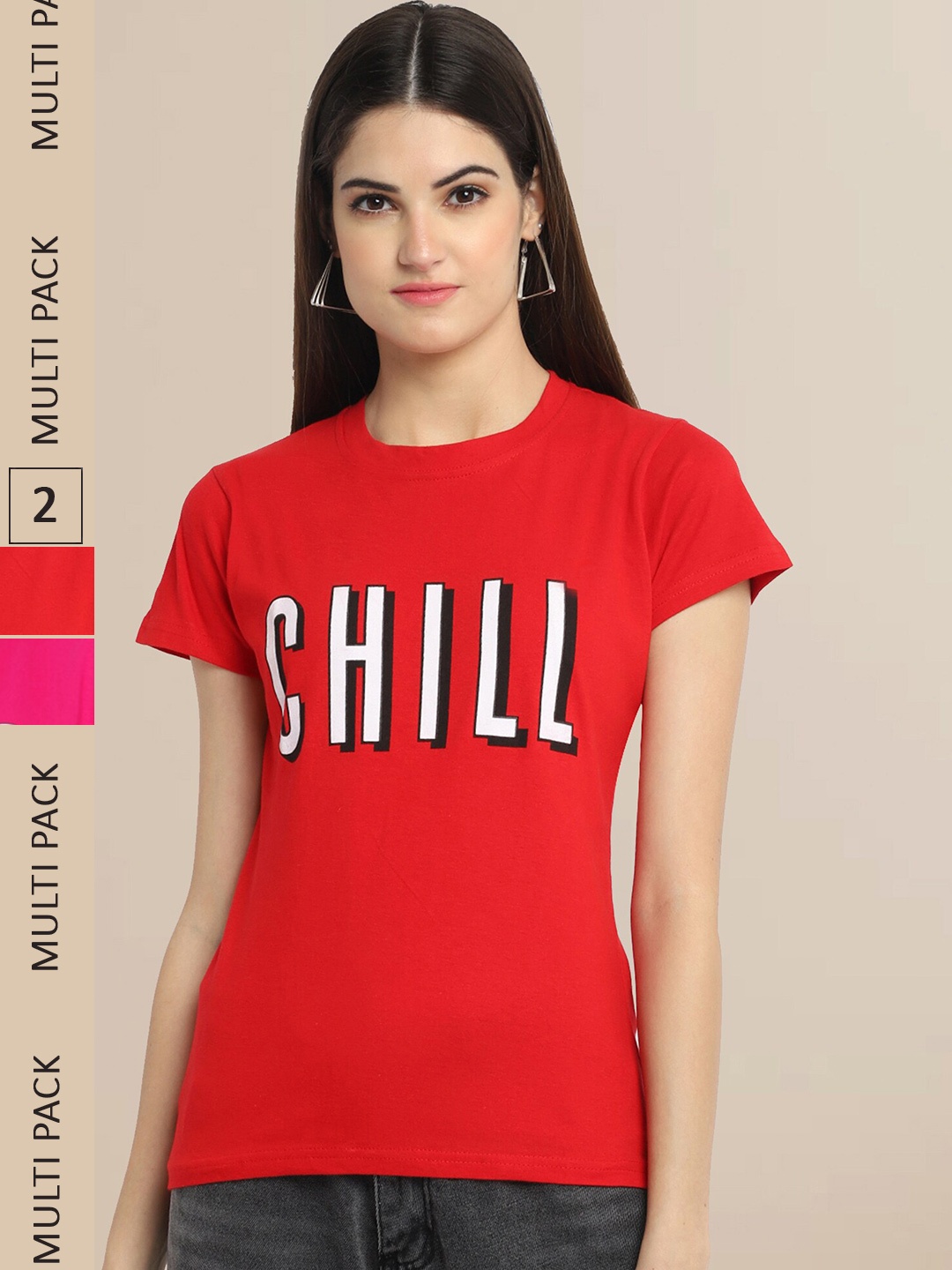 

Fabflee Pack Of 2 Women Typography Printed Cotton T-shirt, Red