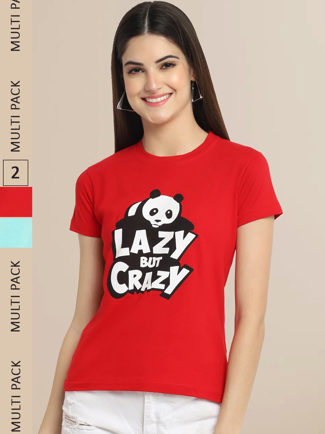 

Fabflee Pack Of 2 Women Typography Printed Cotton T-shirt, Red