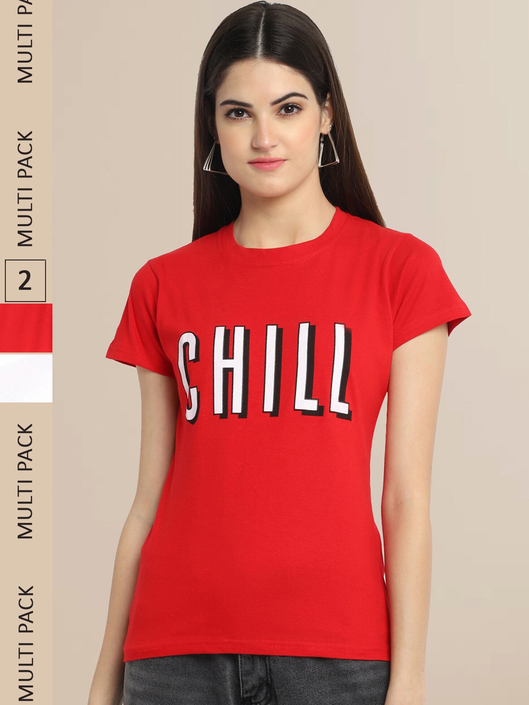 

Fabflee Women Pack of 2 Red & White Typography Printed Cotton T-shirt