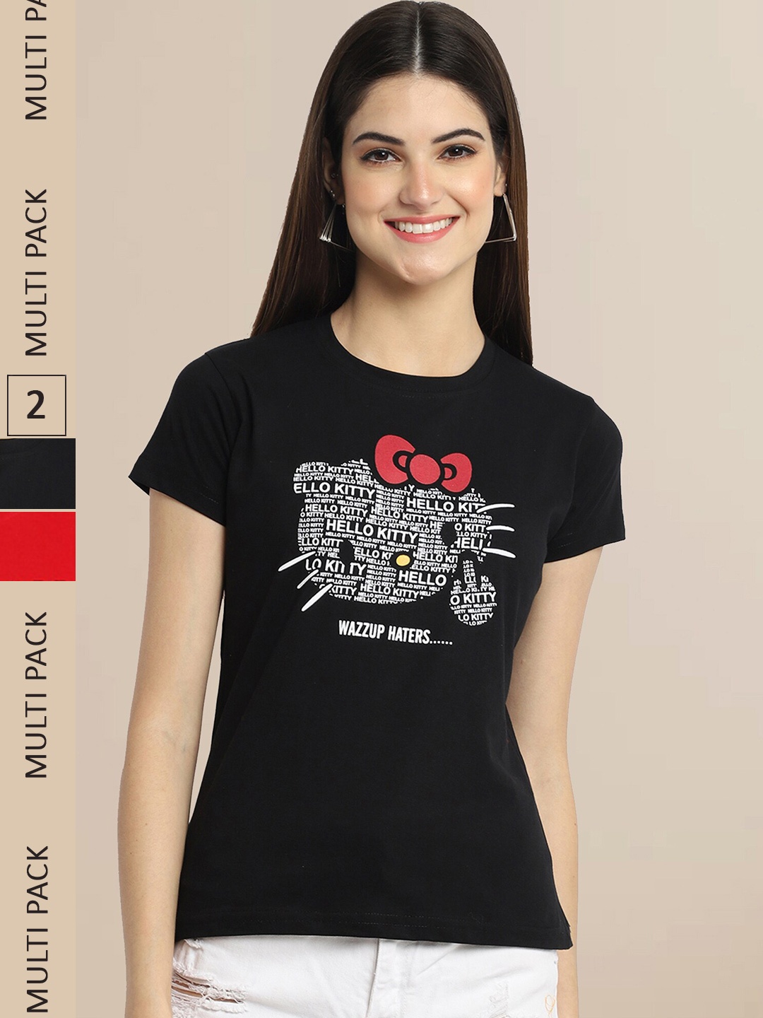 

Fabflee Women Pack of 2 Black & Red Printed Cotton T-shirt