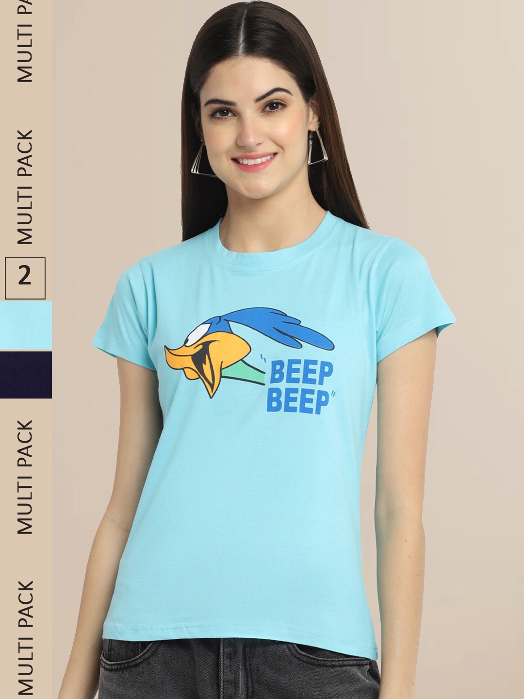 Fabflee Women Pack Of 2 Blue & Navy Blue Printed Cotton T-shirts