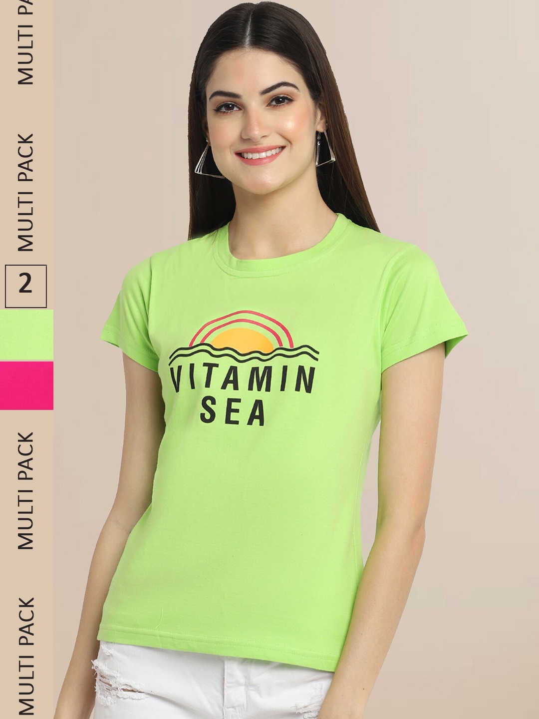Fabflee Women Pack Of 2 Lime Green & Pink Typography Printed Cotton T-shirts