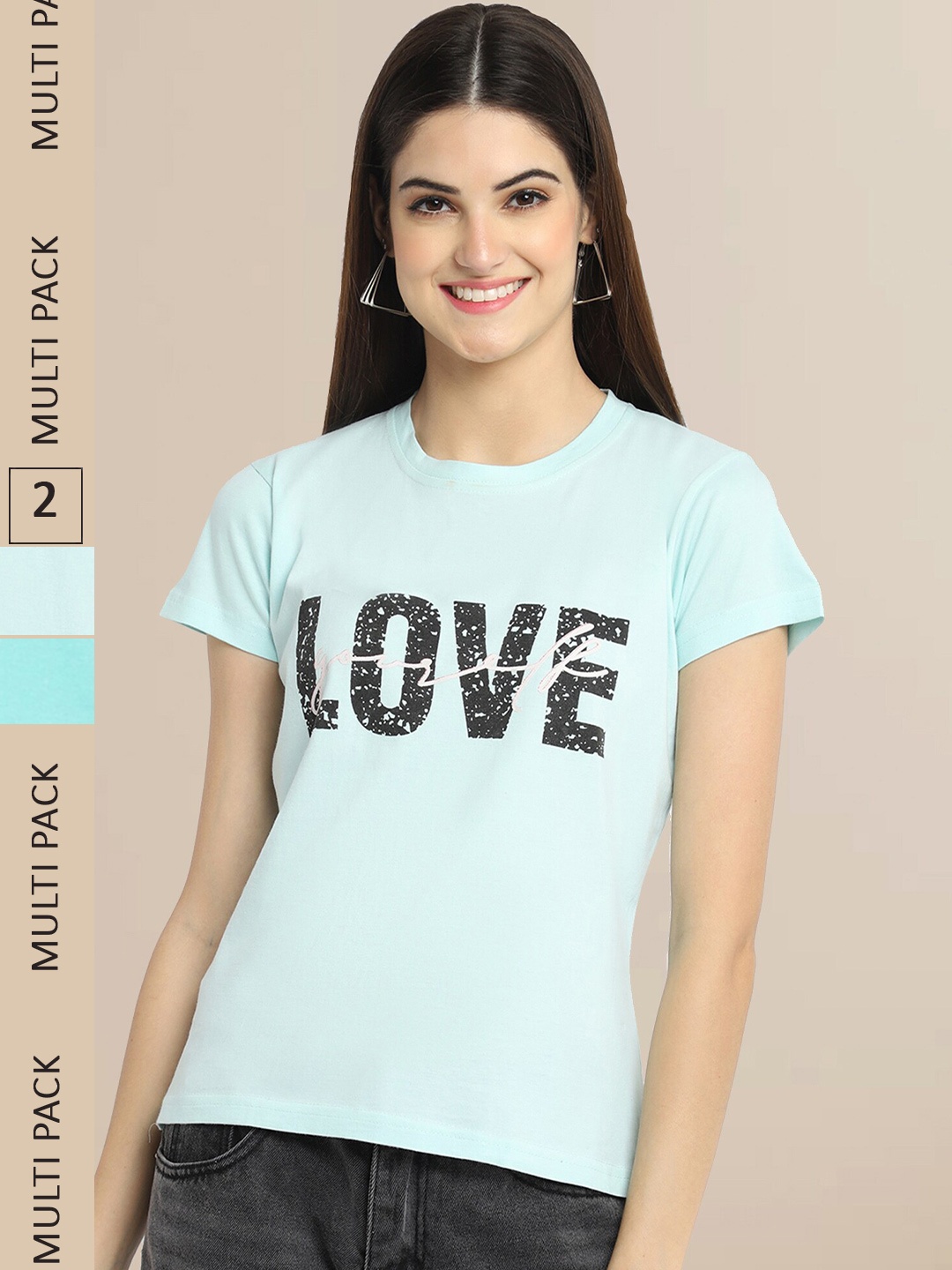 

Fabflee Women Pack Of 2 Turquoise Blue & Blue Typography Printed Cotton T-shirts