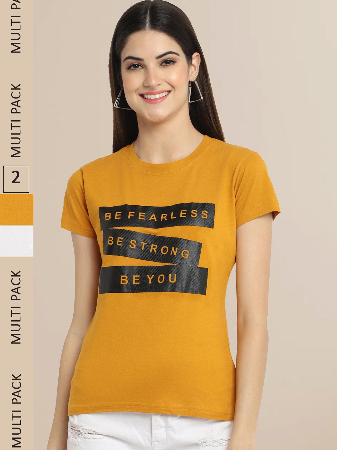 

Fabflee Women Pack Of 2 Mustard Yellow & Off White Typography Printed Cotton T-shirt