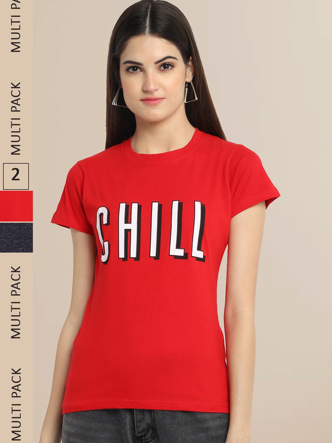 Fabflee Women Pack Of 2 Red & Charcoal Typography Printed Cotton T-shirts