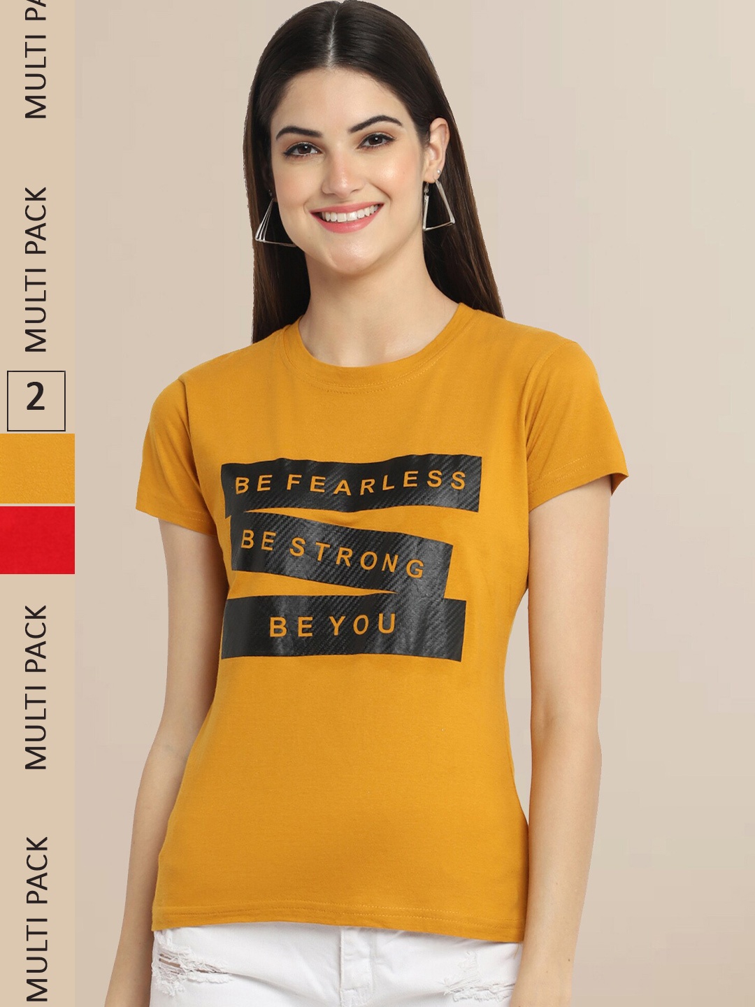 Fabflee Women Pack Of 2 Mustard Yellow & Red Typography Printed Cotton T-shirts
