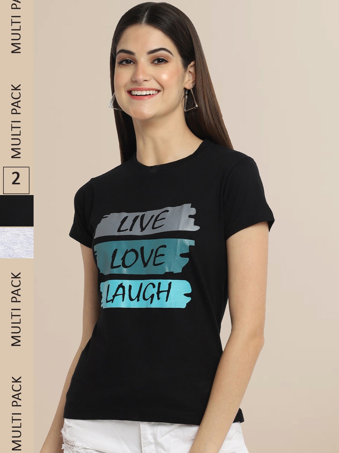 

Fabflee Women Pack Of 2 Black & Grey Typography Printed Cotton T-shirts