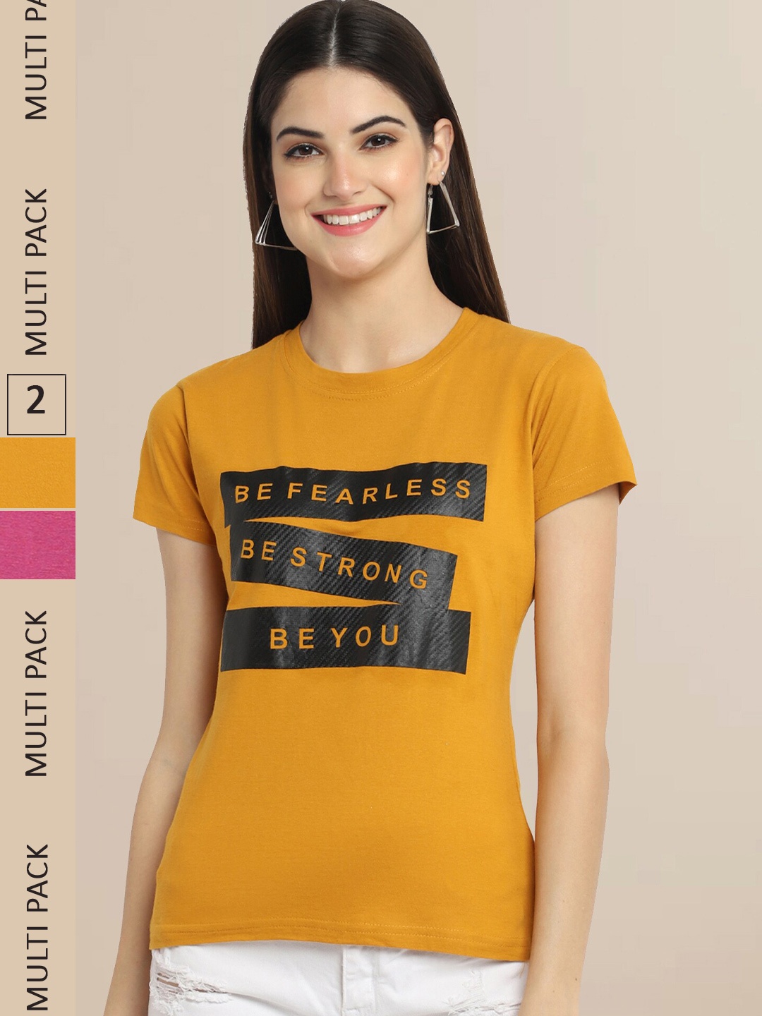 

Fabflee Women Pack Of 2 Mustard Yellow & Pink Typography Printed Cotton T-shirts