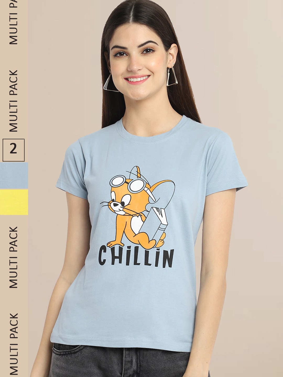 

Fabflee Women Pack Of 2 Blue & Yellow Tom & Jerry Printed Cotton T-shirts