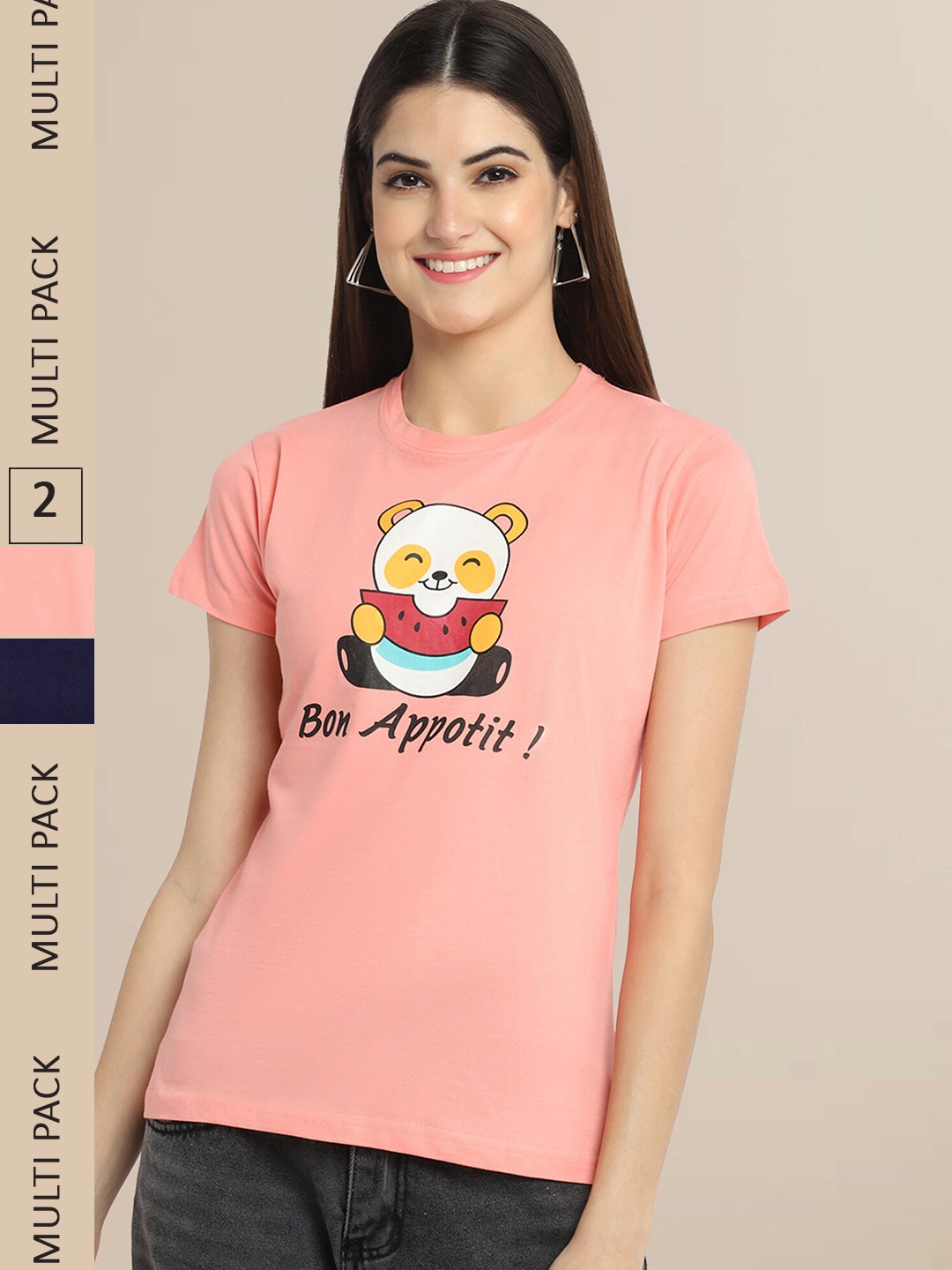 Fabflee Women Pink & Black Pack of 2 Printed Cotton T-shirt