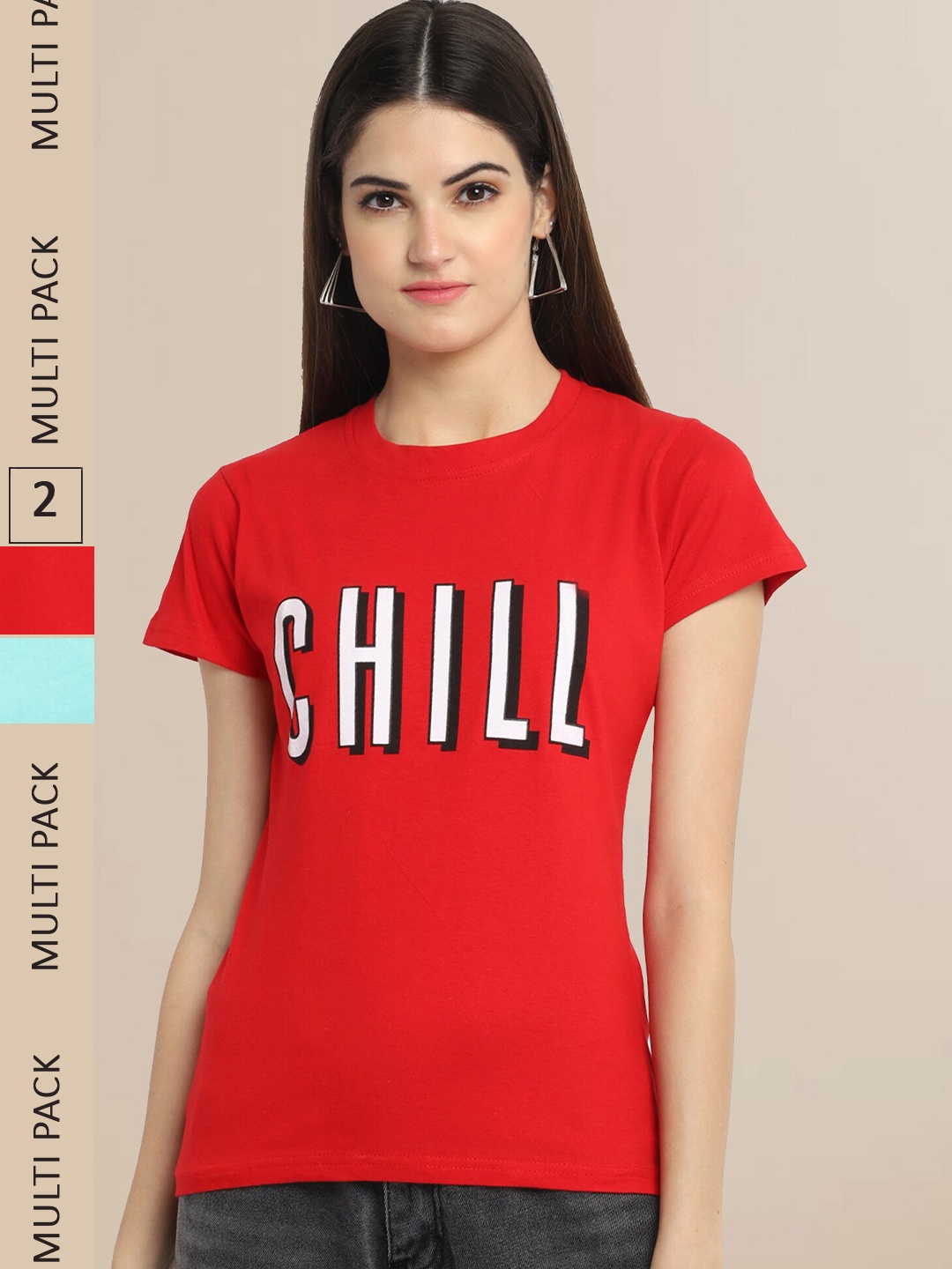 Fabflee Women Red & Blue Pack of 2 Typography Printed Cotton T-shirt