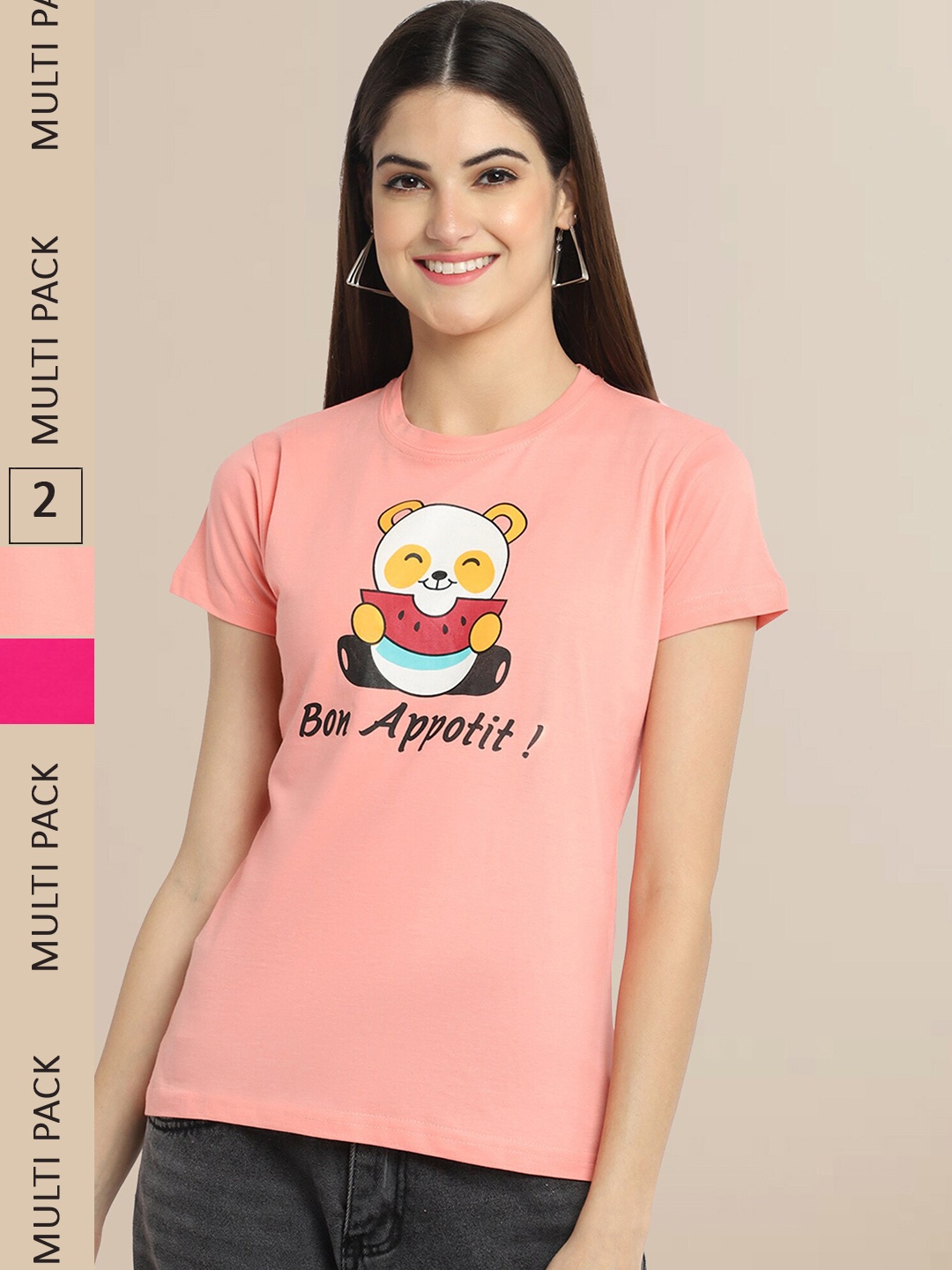

Fabflee Women Pack of 2 Peach & Pink Graphic Printed Cotton T-shirt